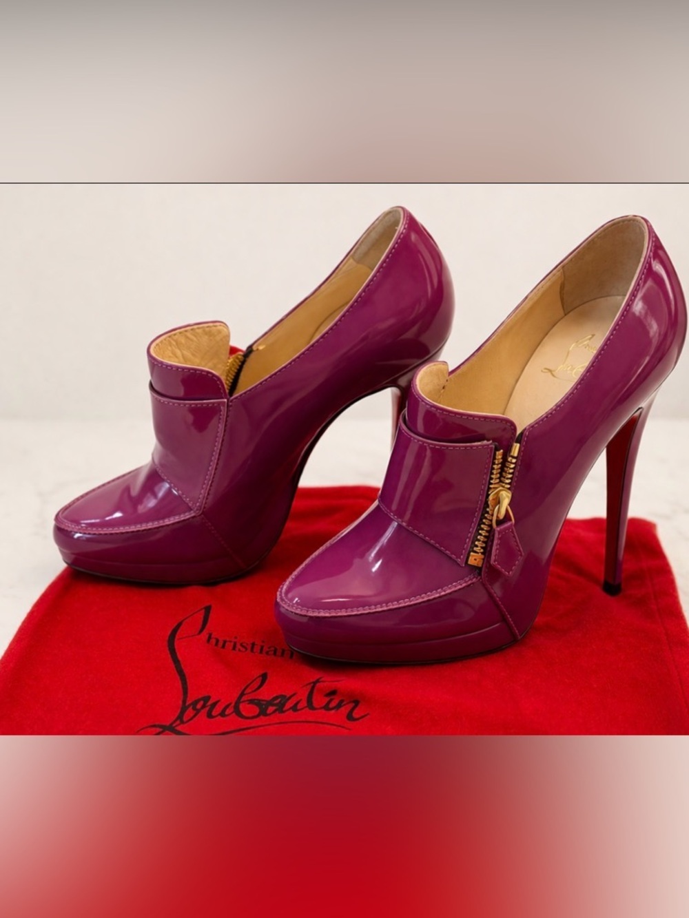 Christian Louboutin Lapono purple patent leather zip booties FAULT READ DESCRIPT